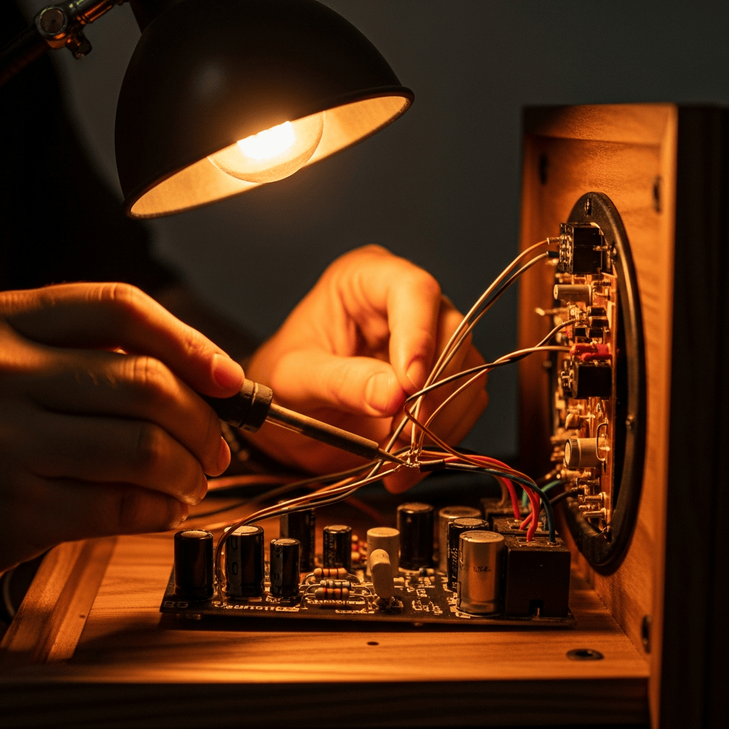 AI_IMAGE: Close-up detail photograph of hands soldering wires inside a custom speaker cabinet, warm amber work light illuminating the craftsmanship, wood grain visible, copper wires and electronic components in sharp focus, the background is soft and dark, the scene feels like dedicated craftsmanship, tobacco brown and warm copper tones | photorealistic | square