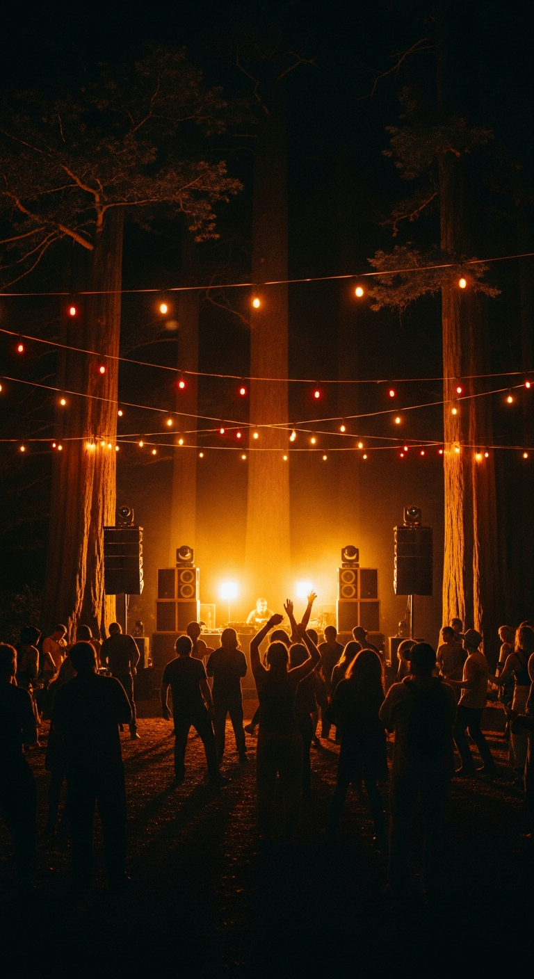 AI_IMAGE: A dramatic photograph of a nighttime outdoor sound system dance, a clearing surrounded by trees with speaker stacks set up in the center, warm amber and red string lights overhead, a crowd of people gathered in silhouette, the atmosphere is magical and primal, deep shadows with warm golden light cutting through, tobacco and forest green tones | photorealistic | portrait