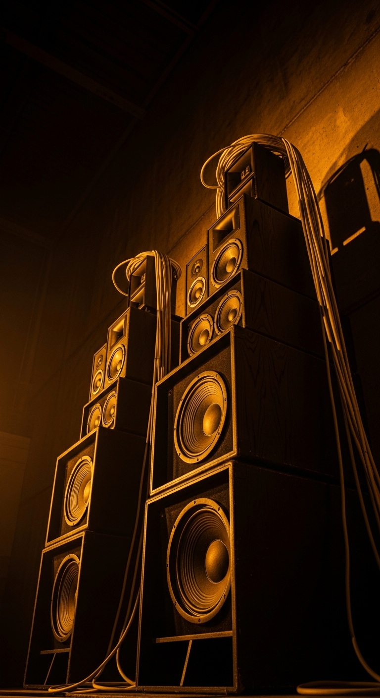 AI_IMAGE: A low-angle dramatic photograph of towering speaker cabinets stacked against an industrial wall, cables running down from the tops, warm amber light from below casting dramatic upward shadows, the scale feels monumental and powerful, deep tobacco black background with golden highlights on the wood grain of the cabinets | photorealistic | portrait