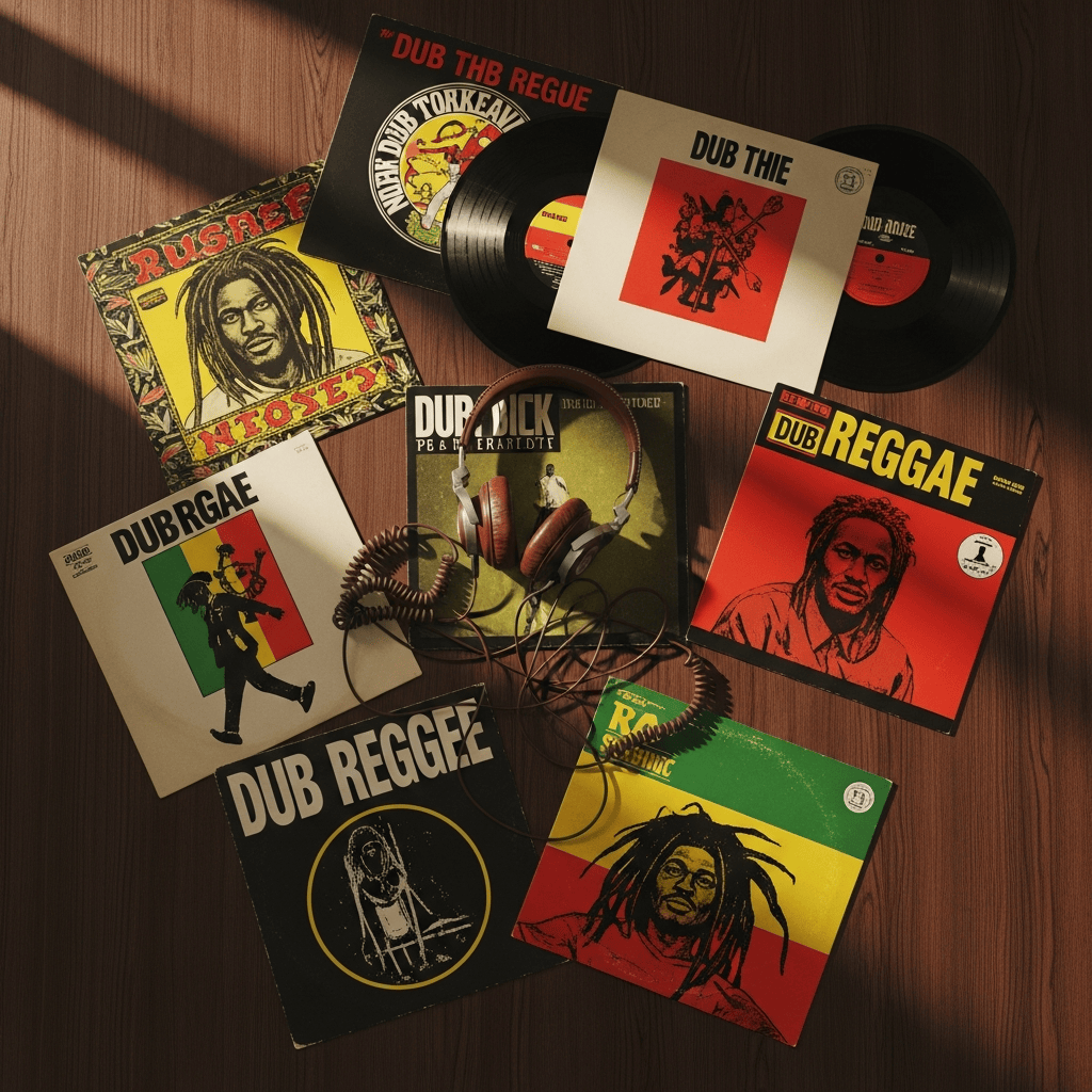AI_IMAGE: An overhead flat-lay photograph of a collection of dub and reggae vinyl records spread across a dark wooden table, colorful vintage album covers visible, a pair of headphones resting on top, warm ambient lighting from the side casting soft shadows, the scene feels like a curated collection, deep tobacco and warm amber tones | photorealistic | square