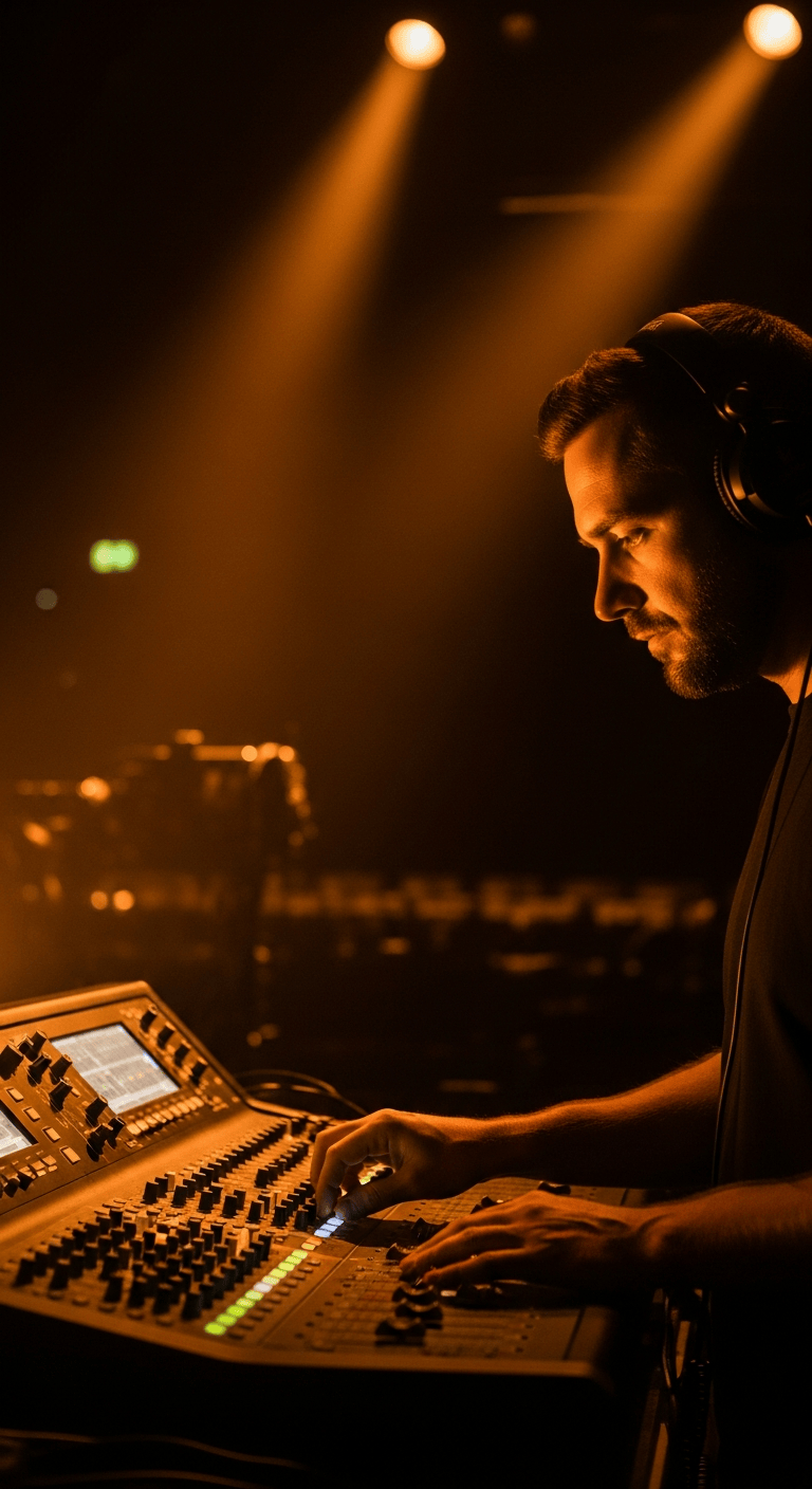 AI_IMAGE: A dramatic portrait of a sound system operator working at a mixing desk in a dark venue, warm amber and golden lighting from above, deep shadows, the person is concentrating with headphones on, mixing board faders visible in foreground, the atmosphere is serious and focused, tobacco brown and deep gold color palette | photorealistic | portrait