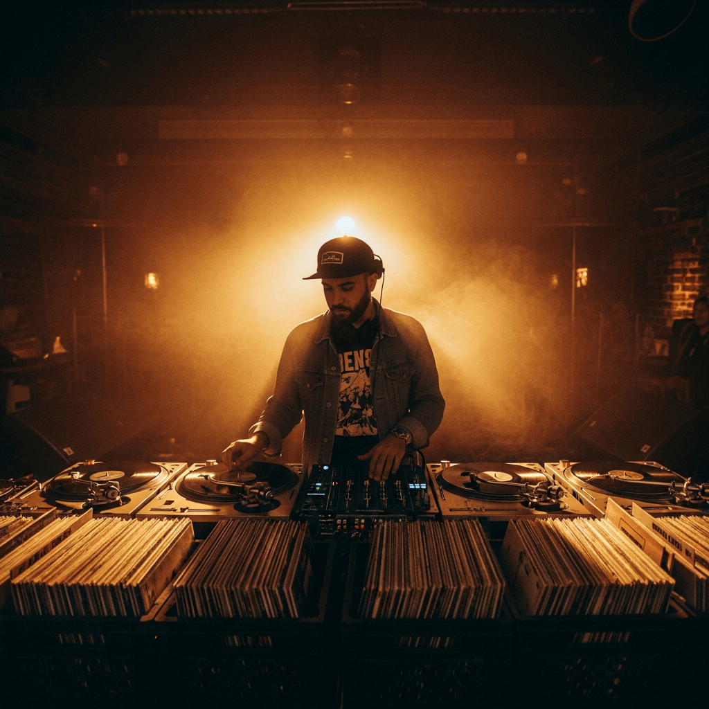 AI_IMAGE: A stylized portrait of a reggae selector DJ in a moody dark club environment, turntables and vinyl records in the foreground, warm amber and deep gold lighting from behind, the person is focused on selecting records, wearing casual streetwear, smoke and atmosphere visible, deep tobacco brown tones with harvest gold accents | photorealistic | square