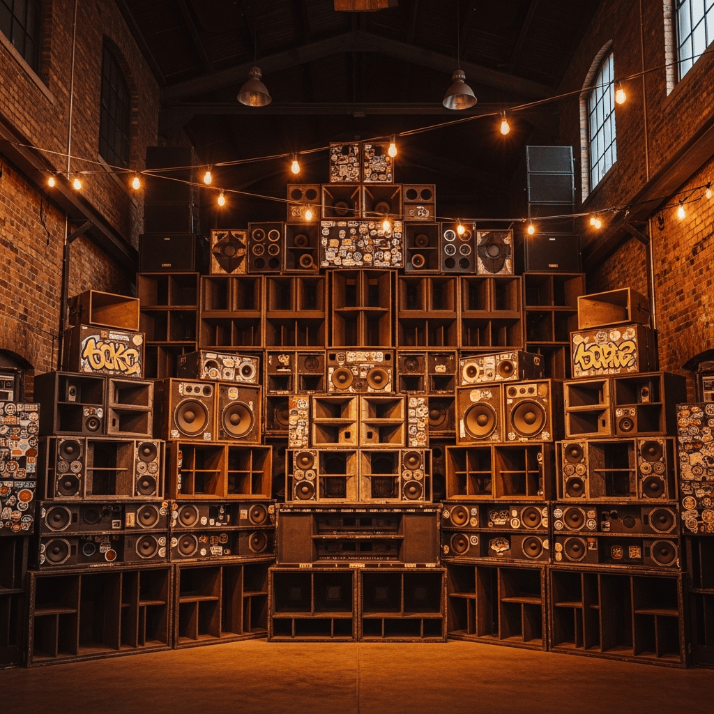 AI_IMAGE: A wide photograph of a large DIY sound system in an alternative cultural center, massive speaker stacks decorated with stickers and graffiti, exposed brick walls, industrial space, warm amber work lights strung overhead, the scene feels like a underground fortress of bass, deep shadows and warm golden highlights, tobacco brown and burnt sienna tones | photorealistic | square