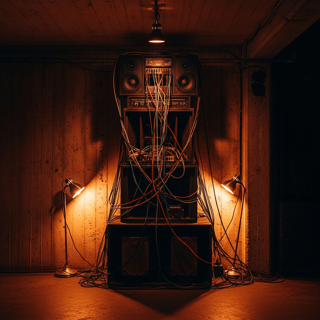 AI_IMAGE: A photograph of a handbuilt sound system in an underground venue, stacked speaker cabinets reaching high, colorful wiring visible, a DIY aesthetic with industrial concrete walls, warm amber work lights illuminating the setup, the scene feels authentic and grassroots, deep tobacco and warm brown color palette | photorealistic | square