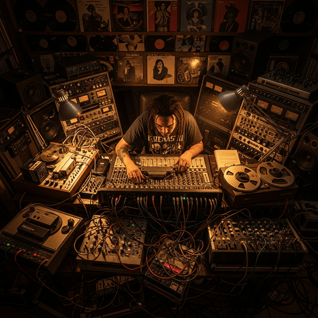 AI_IMAGE: A gritty photograph of a dub producer in a home studio surrounded by mixing equipment, analog gear, patch cables, and vinyl records covering the walls, warm amber desk lamp lighting, the atmosphere is intense and creative, shot from slightly above showing the workspace chaos, tobacco brown and deep gold tones with heavy shadows | photorealistic | square