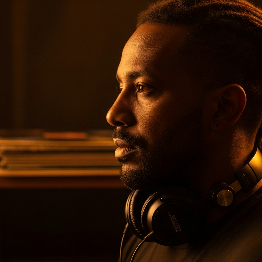 AI_IMAGE: A dramatic portrait of a reggae selector in profile view, wearing headphones around his neck, warm amber sidelight illuminating his face against a dark background, vinyl records stacked behind him, the mood is contemplative and dedicated, tobacco brown and deep gold color tones, shallow depth of field | photorealistic | square