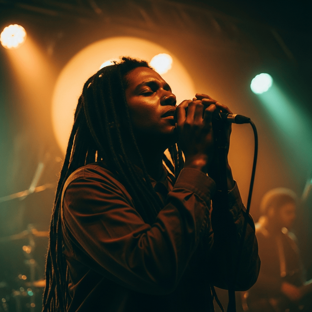 AI_IMAGE: A powerful portrait of a dub vocalist and producer performing live, microphone in hand, eyes closed in spiritual expression, warm amber and green stage lighting creating a halo effect, dreads silhouetted against the backlight, the atmosphere is spiritual and intense, deep tobacco and forest green color palette | photorealistic | square