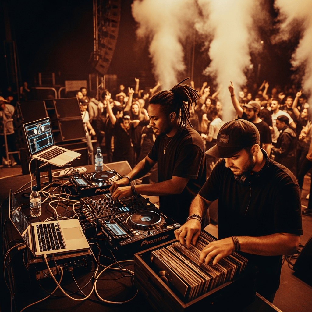 AI_IMAGE: A dramatic photograph of two DJs performing together at a dancehall event, one working the mixer while the other selects records, amber and red stage lighting, energetic crowd in the background slightly out of focus, the scene captures the energy of a live performance, deep warm tones with tobacco brown and golden highlights | photorealistic | square