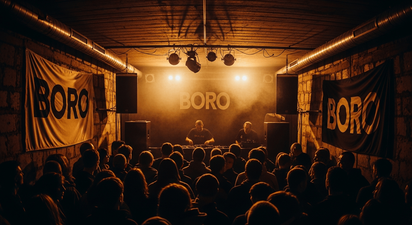 AI_IMAGE: A gritty atmospheric photograph of a small underground club called Boro in Brno Czech Republic with a DIY sound system setup, concrete industrial walls, deep amber stage lighting cutting through smoke, a crowd of people immersed in bass music, hand-painted banners on the walls, the mood is raw and authentic, shot with a wide angle showing the intimacy of the space, tobacco brown and warm gold color tones with deep shadows | photorealistic | landscape